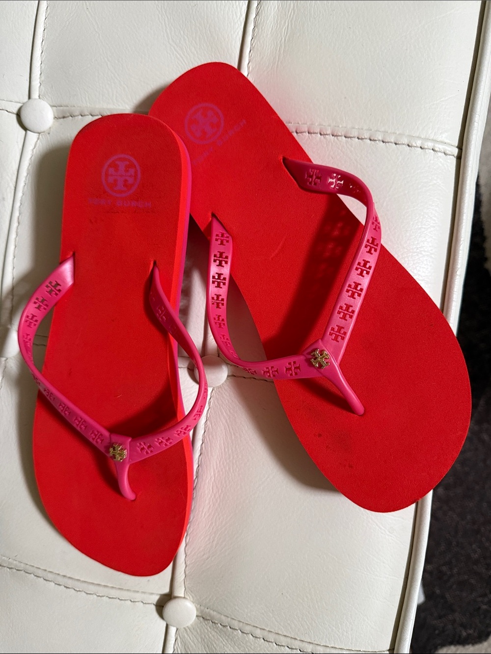 Tory Burch Hot Pink and Orange Logo Flip Flop Sandals Size 8-81/2